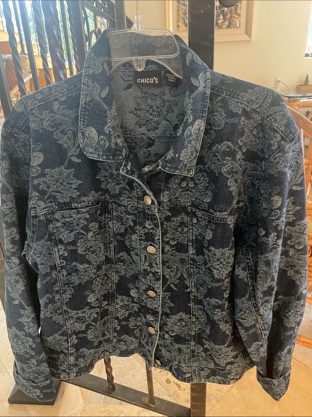 Chico's Indigo Floral Burnout Denim Jacket Size 3
